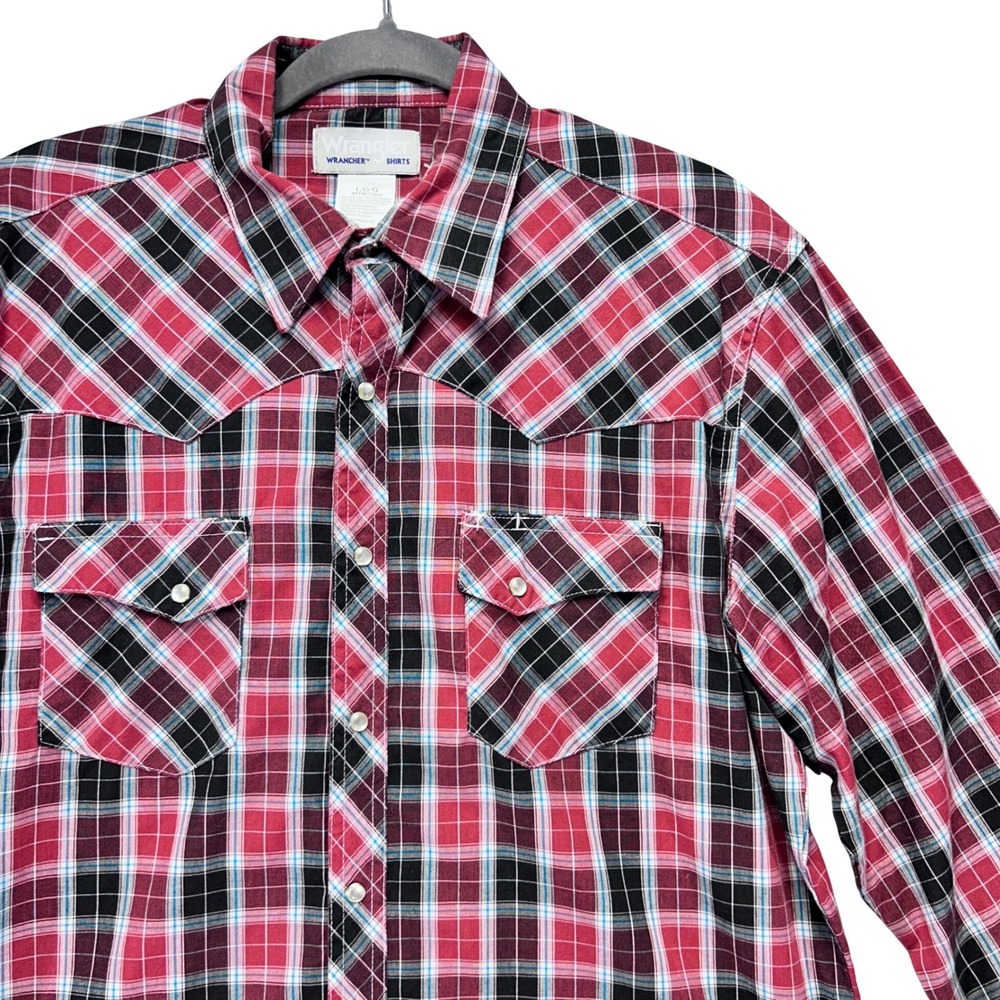 Wrangler Button Down Wrancher Mens L Red Plaid Pearl Snaps Western